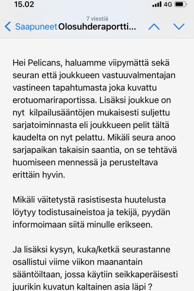 Bild på meddelandet som förbundet skickade Pelicans tränare. Texten i artikeln.