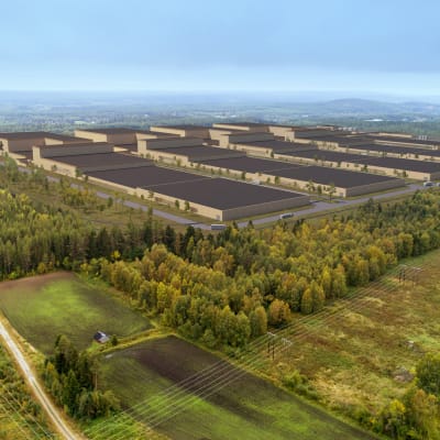 Pressbild från Northvolt över hur det planerade fabriksområdet i Skellefteå ska se ut.