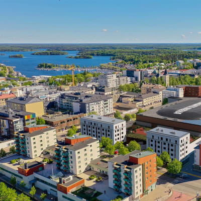 Havainnekuva rakennuksesta kaupunkikuvassa.