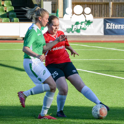 Två fotbollsspelare spelar fotboll på en grön plan.