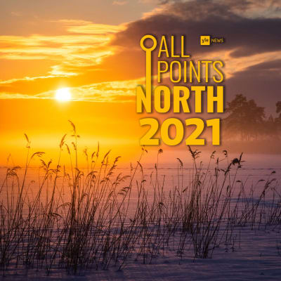 Photo of a sunset over the frozen sea, featuring the All Points North podcast logo.