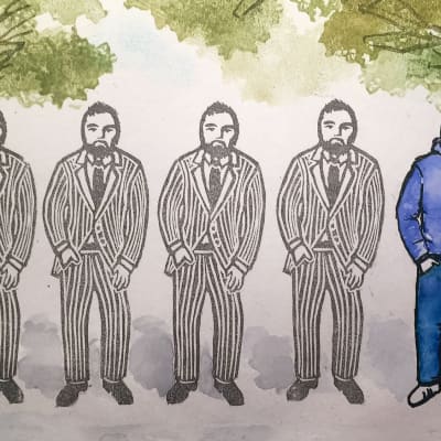 Piirretty mies puvussa ja hupparissa