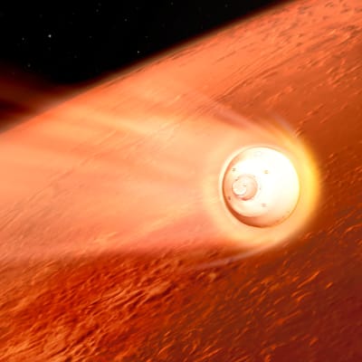 Marsrovern Perseverance på väg in för landning på Mars.