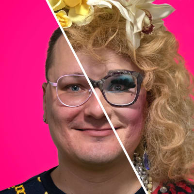Drag-artisti Timo Tähkänen ilman meikkiä ja dragissa.