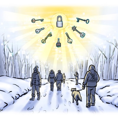 Ulkoilijoita talvisessa puistossa jota valaisee avainten ja lukon muodostama aurinko.