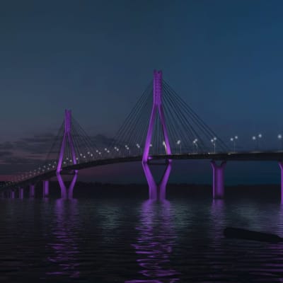 Havainnekuva Raippaluodon sillasta violetissa valaistuksessa pimeän aikaan. Kuvan edustalle on visualisoitu kaksi ihmistä soutuveneessä.