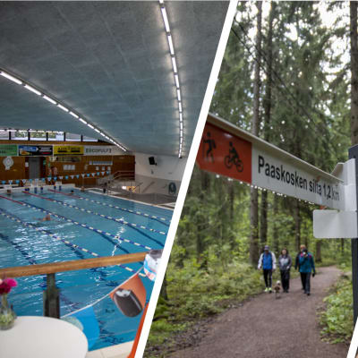Kolmen kuvan yhdistelmässä on vasemmalla kuva uimahallin altaasta, keskimmäisessä ihmisiä luontopolulla ja oikeimmalla pyöräilijä teatteritalon edessä.