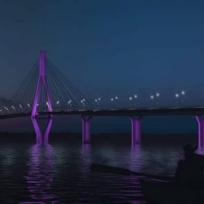 En vision av hur Replotbron kunde se ut om den skulle belysas upp och ha blå och gröna pyloner. I förgrunden på den dataskapade visualiseringen sitter två personer i en roddbåt.