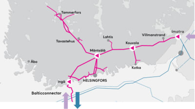 Karta över Gasgrids nät i Finland.