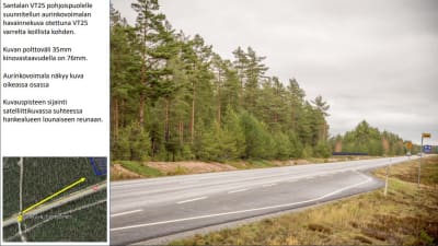 Ett bildmontage som visar hur Finlands frikyrkas solpark norr om riksväg 25 i Hangö skulle se ut från sydväst mot nordost. Asfaltväg, busshållplats, bilar, trafikmärken, skog, solpaneler.