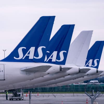 Flygbolaget SAS Airbus A320-flygplan parkerade på flygfältet i Köpenhamn. 
