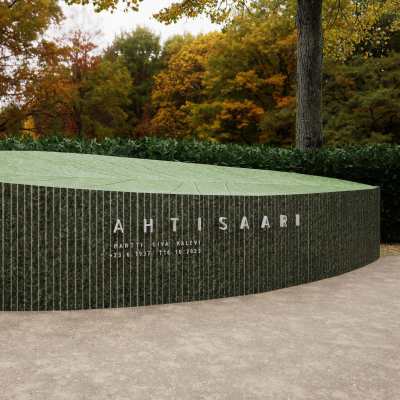 En visualisering av en gravvård som är ett grönt löv med texten "Ahtisaari" på.