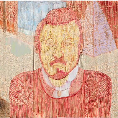 Mies risteyksessä, maalaus- ja kaiverrus mäntylevylle. 185 x 210 cm, 2013.