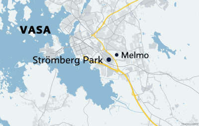 Karta över Vasa med Strömberg Park och Melmo utprickade.