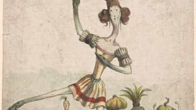 En sparris dansar grönsaksbalett. Melle. Fitz-James, de l'Académie royale de musique, rôle d'une asperge dans un ballet de légumes.