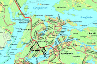 En karta som visar gränserna för ett planområde i Ingå skärgård, Bergvalla, 2023. 