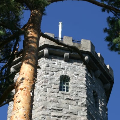 Aulangon graniittisen näkötornin huippu sinitaivasta vasten.