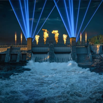 Imatrankosken koskinäytöksen havainnekuva, miltä näyttävät pyro- ja lasertekniikka Imatra-päivänä.