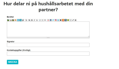 En skärmdump på ett webbformulär med huvudfrågan: "Hur delar ni på hushållsarbetet med din partner?". Utöver huvudfrågan uppmanas läsaren fylla i en signatur och om hen vill även kontaktuppgifter.