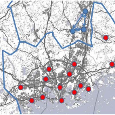 Karta över det tilltänkta metropolområdet, bilden anger hur man tror att kommunstrukturen kommer att se ut i framtiden, alltså prickarna visar var invånare/service kommer att finnas.