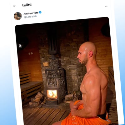 Andrew Tate saunassa pyyhe lantiolla kuvassa hänen Twitter-tilillään.