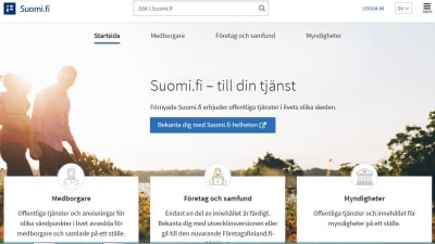 En skärmdump på suomi.fi:s startsida. Med information för medborgare.