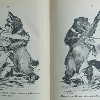 Mies ja karhu painivat kuvassa, joka on osa Karhun kosto -teoksen kuvitusta. Kirjan on kuvittanut Eric Vasström.