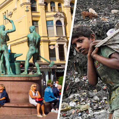 kolmensepän patsas ja köyhä lapsi kantaa jätettä