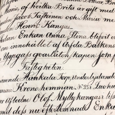 Kellastuneelle paperille ruotsiksi kauniilla käsialalla kirjoitettua tekstiä. Tekstissä mainitaan vuosi 1849.