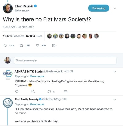 Ett tweet från Elon Musk: "Varför finns det inget platta Mars-sällskap?"