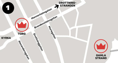 Karta över centrala Lovisa med en krona vid torget och en krona vid Gamla Strand. En pil visar riktningen för Drottningstranden.