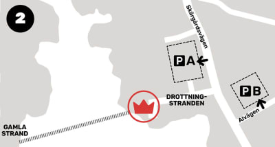 Karta över bron mellan Gamla Strand och Drottningstranden i Lovisa. En krona markerar kronprinsessans förestående besökv vid Drottningstranden. Två parkeringsområden i närheten av Drottningstranden är också markerade, den ena vid Skärgårdsvägen och den andra vid Alvägen.