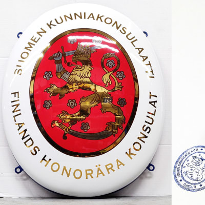 Kaksi kuvaa, joissa toisessa Suomen kunniakonsulaatti -kilpilogo ja leima