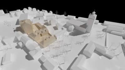 En 3D-illustration med vita gator och byggnader. I mitten bruna huskroppar som visar Lydmanska huset och bostadshuset som planeras bredvid det i gamla stan i Ekenäs centrum.