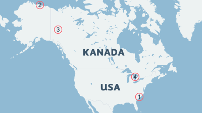 En karta som visar var de fyra objekten skjutits ner ovanför USA och Kanada.