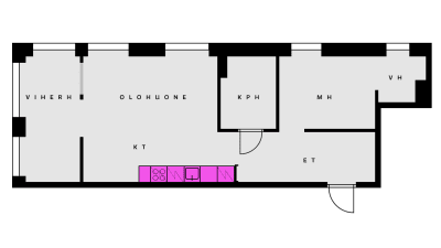 En kokvrå i kombination med vardagsrummet i Skanskas bottenplan.