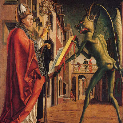 Sankt Augustine och Djävulen. Detalj ur en altartavla av Michael Pacher år 1470