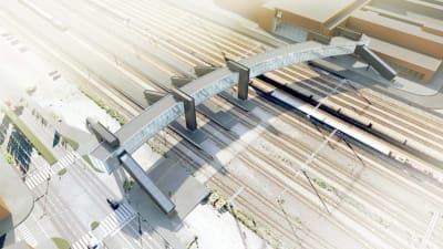En skiss som föreställer den nya gångbron mellan Logomo och Bangårdsgatan i Åbo.