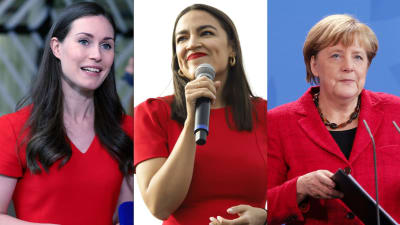 Ett bildcollage med Sanna Marin, Alexandria Ocasio-Cortez och Angela Merkel alla klädda i röda kläder.