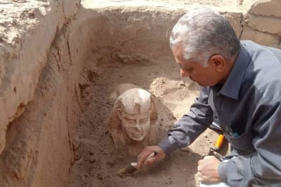 En sfinx grävs fram nära templet Dendera i Qina i Egypten.