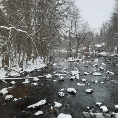 Lumi koristaa Partakosken kiviä, joki virtaa mustavalkoisessa maisemassa.