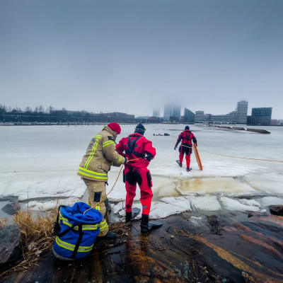 Pintapelastajat pelastavat heikkoihin jäihin vajonneen Kulosaaren edustalla Helsingissä.