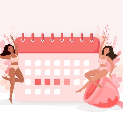 En ritad bild av en kalender och två kvinnor i underkläder och en menskopp.