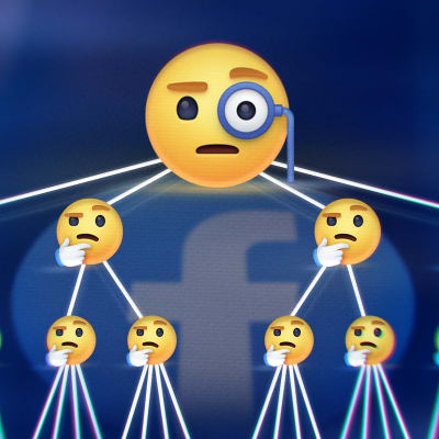 Facebookin tunnuksen päällä on Facebookin emoji-hahmoja. Monokkelihahmoinen hahmo muodostaa alleen verkon, jonka kautta tämän vaikutus välittyy useammalle mietteliäälle emoji-hahmolle. Kuvituskuva.