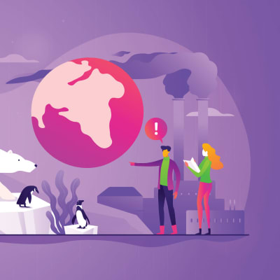 Illustration som beskriver klimatförändringen, med planeten, en isbjörn, två människor som diskuterar, solen och två skorstenar.