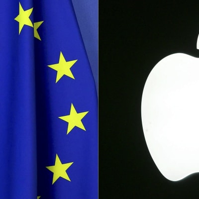 EU:s flagga och Apples logga.
