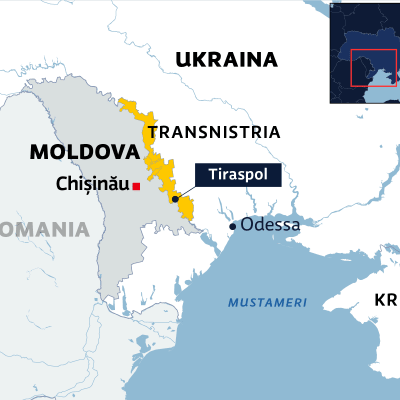 Kartalla Moldovaan kuuluva Transnitrian alue Moldovan ja Ukrainan välissä.