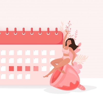 En ritad bild av en kalender och två kvinnor i underkläder och en menskopp.
