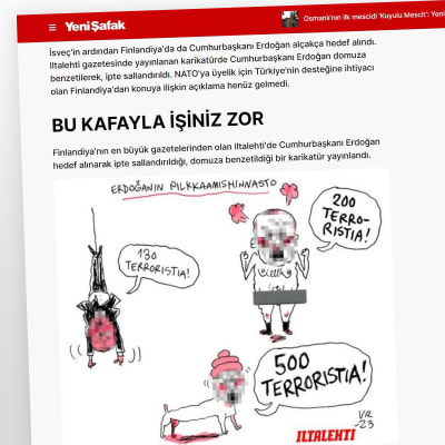 Skärmdump från den turkiska sajten Yenişafak som publicerade en artikel om en skämtteckning i Iltalehti. På bilden har president Recep Tayyip Erdoğans ansikte pixelerats.