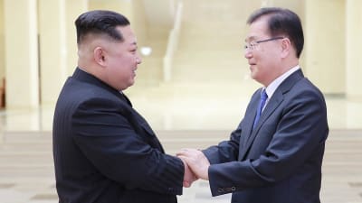 Nordkoreas ledare Kim Jong-un skakar hand med den sydkoreanske presidenten Moon Jae Ins nationella säkerhetsrådgivare Chung Eui-Yong.